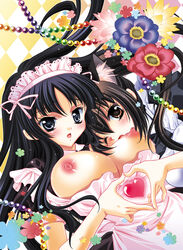 alternate_costume animal_ears apron azusa_nakano_(k-on!) black_hair blush breasts brown_hair cat_ears cute_fang female flower fukai_masa heart heart_hands heart_hands_duo human human_only k-on! large_breasts maid mio_akiyama_(k-on!) moe_moe_kyun! multiple_females yuri