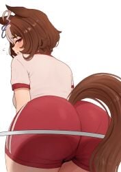 back_view big_ass big_butt blush_lines blushing brikot brown_hair gym_clothes gym_uniform horse_ears horse_girl horse_tail looking_at_viewer meisho_doto_(umamusume) mouth_open multicolored_hair panties_outline pantylines pekot purple_eyes pussy_line short_hair shorts tail umamusume umamusume_pretty_derby white_background