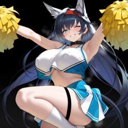 ai_assisted ai_generated arknights black_hair blaze_(arknights) blue_eyes blush cat_ears cat_tail catgirl cheerleader cheerleader_uniform covered_nipples grin huge_breasts kao140522 looking_at_viewer one_eye_closed smile steaming_body sweat underboob wink
