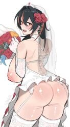 1girl big_breasts black_hair blush detached_sleeves fang flower_bouquet flower_in_hair flowers from_behind garter_straps lewd_clothing looking_at_viewer looking_back open_mouth plump red_flower red_highlights veil wedding_dress white_veil wish44 zenless_zone_zero zhu_yuan