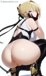 1girls ai ai_generated ass ass_focus evelyn_chevalier looking_at_viewer purple_eyes pussy pussy_juice shineinsfw sitting smile solo wet wet_pussy yellow_hair zenless_zone_zero