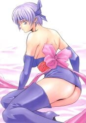 1girls ayane_(doa) big_breasts breasts dead_or_alive dress female japanese_clothes kunoichi large_breasts looking_back momoi_nanabei ninja obi purple_dress purple_eyes purple_hair purple_thighhighs short_hair sideboob thighhighs