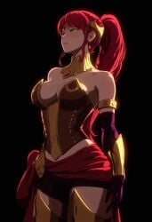 1girls ai_generated blush circlet corset female female_only freckles freckles_on_face gorget green_eyes high_ponytail long_hair looking_at_viewer ponytail pyrrha_nikos red_hair rwby shiny_hair shiny_skin sideboob sidelocks solo solo_female tagme