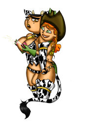 animal_ears animal_print areola beauty_mark bra brown_eyes cowbell cowboy_hat detached_sleeves drago-flame erect_nipples eva_(tdi) green_eyes hips huge_nipples izzy_(tdi) long_tail milking mole nipples orange_hair straight_hair tan_skin thick_thighs thighhighs thighs total_drama_island white_background wide_hips