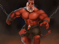 balls bara beard brawl_stars bull_(brawl_stars) demon demon_bull_(brawl_stars) demon_horns demon_tail disembodied_hand facial_hair flaccid horns male male_only mayori_art muscles muscular nose_ring penis pompadour red_skin sideburns