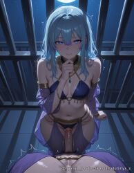 1boy 1girl ai_generated bangs bare_shoulders bikini blue_eyes blue_hair blush breasts dancer detached_sleeves erection explicit full_moon hair_between_eyes harem_outfit heart heart-shaped_pupils hetero jewelry long_hair looking_at_viewer male_pubic_hair medium_breasts moon moonlight navel necklace night night_sky nyx_x o-ring pants parted_lips penis pov precum pubic_hair see-through smile solo_focus stomach sweat swimsuit symbol-shaped_pupils thighs trembling twitching_penis