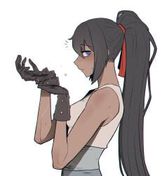 ... 1girls bare_shoulders caught dark-skinned_female dark_skin disgusted disgusted_look gloves im_gyeong-eop_(limbus_company) limbus_company looking_at_viewer misg1111 ponytail project_moon removing_glove scars shaded_face sweat sweaty_hands tank_top