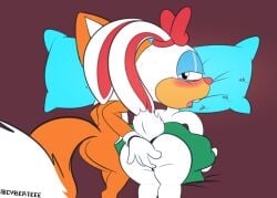 2022 anthro anthro_on_anthro archie_comics ass bed big_ass big_butt biped blue_eyeshadow blush bodily_fluids bottomwear bow_accessory bow_ribbon canid canine carrotia_the_rabbit clothed clothing clothing_lift cybert digital_media_(artwork) duo edit edited english_text eyelashes eyeshadow female female_focus female_penetrated fingers floppy_ears fox fur furniture genitals gloves groping_ass groping_butt half-closed_eyes hand_on_ass hand_on_butt handwear interspecies lagomorph leporid long_ears looking_at_viewer looking_back looking_pleasured lop_ears lying makeup male male/female mammal mobian_(species) mostly_nude narrowed_eyes nude open_mouth panties penetration pillow pink_nose pussy rabbit raised_bottomwear raised_clothing raised_skirt ribbons sega short_stack shortstack signature simple_background skirt skirt_lift sonic_(series) sonic_the_hedgehog_(archie) sonic_the_hedgehog_(comics) sonic_the_hedgehog_(series) sweat tail_under_skirt tails tails'_skypatrol tails_skypatrol tails_the_fox text thick_thighs tongue underwear unseen_male_face video_games white_body white_fur wide_hips