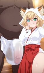 1boy 1girls :3 ai_generated aqua_eyes balls balls_bulge big_black_cock big_penis blonde_hair chubby_male covered_penis dark-skinned_male dark_skin fang fat_male fox_ears fox_girl fox_tail hakama japanese_clothes japanese_clothing japanese_female japanese_mythology kimono kitsune kitsune_musume_no_ecchi_na_oyado large_penis larger_male light-skinned_female light_skin medium_breasts miko navel overweight_male penis penis_bulge sharp_teeth smaller_female thick_eyebrows towel towel_around_waist towel_only white_kimono
