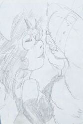 arms_up belt_bondage bondage clothed_female_nude_male couple detached_sleeves feeling_up femdom hand_on_another's_chest malesub malice_(kailewds) orc pecs sketch topless_male tusk