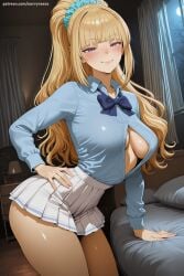 1girl ai_generated bangs blonde_hair blue_bow blue_shirt blunt_bangs blush bow bowtie breasts button_gap classroom_of_the_elite cleavage eyebrows_visible_through_hair gyaru hair_scrunchie hand_on_hip hi_res high_quality high_resolution indoors karuizawa_kei large_breasts long_hair looking_at_viewer open_shirt patreon pleated_skirt ponytail purple_eyes savvyraexo school_uniform scrunchie seductive sexy shirt sidelocks skirt smile solo uncensored watermark