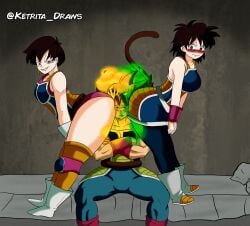 2girls1boy ass ass_on_face ass_sandwich bardock dragonball_z fart fart_cloud fart_everywhere fart_fetish fart_torture farting farting_in_face farting_on_another farting_on_face gassy_ass gassy_female gine ketrita saiyan_armor saiyan_female saiyan_tail seripa stinky_ass