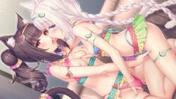 2girls animal_ears bell bikini blue_eyes blue_nails blunt_bangs blush braid breasts brown_eyes cat_ears cat_girl cat_tail chocola_(nekopara) double_bun dutch_angle fingering food-themed_hair_ornament french_kiss frills game_asset grabbing_another's_breast groping hair_bun hair_ornament hairband highres kiss kneeling long_hair multiple_girls nail_polish navel nekopara nipples pink_nails pussy_juice saliva sayori_(neko_works) slit_pupils small_breasts sweat swimsuit tail tail_ornament thigh_strap tongue tongue_out twin_braids twintails vanilla_(nekopara) very_long_hair white_hair yuri