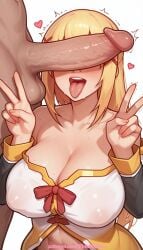 1boy 1girl 2026 ai_generated artist_name big_breasts big_chest big_tits boobs breasts bust busty chest cock darkness_(konosuba) dick double_v erection heart hetero hi_res high_quality highres kono_subarashii_sekai_ni_shukufuku_wo! large_breasts large_penis long_hair mosaic_censoring patreon patreon_username penis penis_awe penis_on_face pinkname precum ribbon testicles tits tongue tongue_out trembling twitching_penis uncensored v veins w watermark