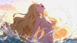 ai_generated breasts completely_nude completely_nude_female eve_(bible) eve_(shuumatsu_no_valkyrie) female female_only nipples nude nude_female pussy record_of_ragnarok scene_interpretation shuumatsu_no_valkyrie skinny_dipping solo solo_female the_little_mermaid vagina vulva water