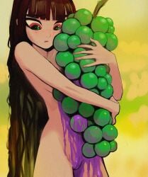 1girl arttheratpist blunt_bangs breasts brown_hair commentary completely_nude cowboy_shot dirty english_commentary food fruit grapes highres holding holding_food holding_fruit long_hair looking_down nude original oversized_food oversized_object pussy red_eyes small_breasts solo very_long_hair wet