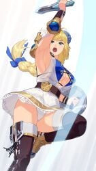 1girls armpits arms_up blonde_female blonde_hair blue_eyes breasts brown_thighhighs cleavage exposed_breasts female female_only long_hair panties pantyshot pantyshot_(standing) ponytail revealing_clothes sophitia_alexandra soul_calibur thighhighs underwear upskirt white_panties white_underwear yagi2105