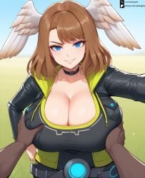1girls ai_generated blue_eyes brown_hair cleavage dark-skinned_male eunie_(xenoblade) female female_focus grabbing_another's_breast grabbing_breasts groping groping_breasts huge_breasts interracial male male/female male_pov wings_on_head xenoblade_(series) xenoblade_chronicles_3 zenbugens