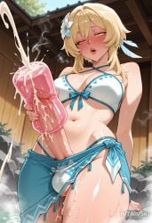 1futa ai_generated artificial_vagina artist_name bikini blonde_hair blue_sarong blush breasts cowboy_shot criss-cross_halter cum cum_on_legs cum_on_penis ejaculation erection excessive_cum flower futanari futanari_masturbation futarush genshin_impact hair_flower hair_ornament half-closed_eyes hoyoverse large_breasts large_penis lips lumine_(genshin_impact) lumine_(hot_springs)_(genshin_impact) masturbation mihoyo navel onsen open_mouth patreon patreon_username penis sarong sex_toy short_hair_with_long_locks solo steam stomach sultryspark swimsuit teeth testicles uncensored water white_bikini white_flower yellow_eyes