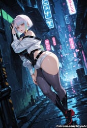 1girl ai_assisted ai_generated bangs bare_shoulders belt black_footwear boots breasts choker curvaceous curvy curvy_female curvy_figure cyberpunk_(series) cyberpunk_edgerunners earrings female high_heels jacket large_breasts looking_at_viewer lucy_(cyberpunk) midriff miyuai off-shoulder_jacket off_shoulder red_eyes short_hair short_shorts shorts silver_hair smile solo standing thick thick_ass thick_butt thick_hips thick_legs thick_thighs thigh_boots thighhighs thighs tongue tongue_out voluptuous voluptuous_female wide_hips wide_thighs