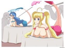 1boy 3girls ahoge bisected blonde_hair blue_eyes blue_hair breasts cannibalism commentary corpse death empty_eyes english_commentary ero_guro guro highres houshou_hanon houshou_hanon_(mermaid) impaled long_hair lying medium_breasts merfolk mermaid mermaid_melody_pichi_pichi_pitch monster_girl multiple_girls nanami_lucia nanami_lucia_(mermaid) nipples oekaki on_stomach out_of_frame skewer topless_female twintails veiled616