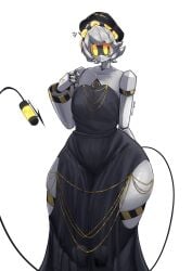 1boy black_dress dress epokguyz femboy grey_hair hat huge_thighs male male_only murder_drones n_(murder_drones) robot robot_male tail thick_thighs thighs white_background yellow_eyes