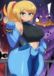 blonde_female samus_aran sports_bra tony_welt unzipping