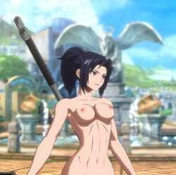 3d arc_system_works black_hair blue_eyes completely_nude completely_nude_female crusader dnf_duel dungeon_and_fighter inquisitor_(dungeon_and_fighter) knight medium_breasts mod nipples nude nude_female nude_mod ponytail pussy spear tied_hair vagina weapon