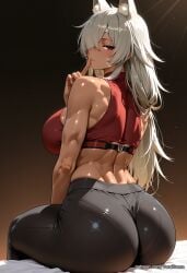 1girls ai_generated big_ass big_breasts blush curvy dark-skinned_female female female_only ghislaine_dedoldia grey_hair long_hair mushoku_tensei red_eyes sitting solo sweat tagme thick_thighs voluptuous wide_hips yorai