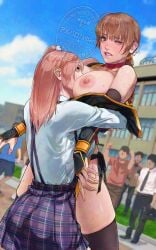 2girls albaro ass bear_hug big_breasts black_thighhighs breast_grab breasts brown_eyes brown_hair dead_or_alive exposed_breasts face_between_breasts female head_between_breasts honoka_(doa) kasumi_(doa) kunoichi large_breasts long_hair ninja nipples one_eye_closed panties pink_hair school_uniform schoolgirl side_tie_panties thighhighs underwear variant_set yuri