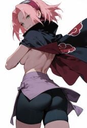 1girls 2d ai_generated akatsuki_(naruto) ass ass_focus back_view female female_only green_eyes looking_back looking_back_at_viewer naruto naruto_(series) pink_hair sakura_haruno short_hair sideboob solo solo_female tagme white_background