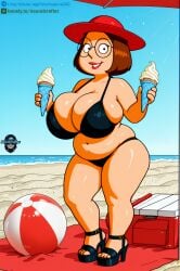 1girl ai_generated ball beach beachball bikini black_bikini breasts brown_hair cleavage day family_guy food glasses hat hi_res high_heels high_resolution highres huge_breasts ice_cream ice_cream_cone looking_at_viewer meg_griffin navel neuralcrafter outdoors plump red_headwear sandals short_hair solo swimsuit thick_thighs thighs umbrella