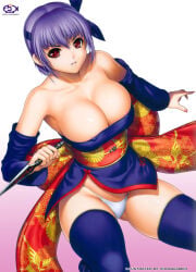 1girls ayane_(doa) big_breasts breasts breasts_out dead_or_alive female iruma_kamiri japanese_clothes kunai kunoichi large_breasts ninja obi panties pantyshot pantyshot_(standing) purple_hair purple_thighhighs red_eyes short_hair thighhighs underwear variant_set white_panties white_underwear