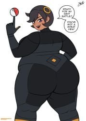 ass ass_focus bbw big_ass black_hair breasts bubble_butt butt butt_focus chubby chubby_female dumptruck_ass emma_(pokemon) fat_ass flirting huge_ass looking_at_viewer looking_back matiere_(pokemon) obese obese_female overweight overweight_female purple_eyes squishcomplex ssbbw tan_body thick_thighs thunder_thighs wide_hips