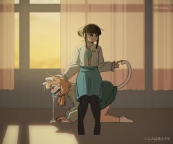 2girls all_fours animal_ear_hairband animal_ears ball_gag bdsm black_pantyhose blue_eyes blue_necktie blue_skirt brown_hair cat_ear_hairband cat_ears closed_mouth commentary_request curtains drooling evening fake_animal_ears femdom gag gagged green_skirt hair_bun hairband hand_on_another's_head highres human_chair human_furniture indoors kinsei_3 multiple_girls necktie no_shoes orange_hair original pantyhose pussy_juice saliva saliva_trail shirt sitting sitting_on_person skirt smile socks twintails twitter_username white_shirt white_socks wiffle_gag yuri