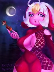 1girls big_ass big_breasts blue_sky meat moon pink_body red_clothing sayu violet_eyes white_hair