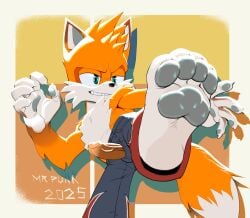 1boy animal_ears artist_name barefoot claws cobang_the_coolfox commentary dated denim english_commentary erection fox_boy fox_ears fox_tail furry furry_male grin highres jeans male_focus mrpunkmorph open_fly pants pawpads penis smile standing standing_on_one_leg tail taiwan_coolfox toned toned_male topless_male veins veiny_penis yellow_fur