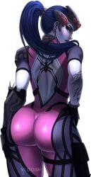 1girls arm_tattoo artist_name artist_request ass blush bodysuit ear_piercing gloves grabbing_ass latex lips looking_back overwatch ponytail purple_hair purple_skin serious widowmaker yellow_eyes