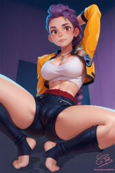 ai_assisted arm_behind_head braid breasts brown_eyes cameltoe cleavage creamybiscuit crop_top cropped_jacket denim earrings feet freckles jacket jewelry kpop_demon_hunters large_breasts lips long_braid long_hair midriff necklace open_clothes open_jacket purple_hair rumi_(kpop_demon_hunters) short_shorts shorts smile spread_legs squatting thighs toeless_legwear toes