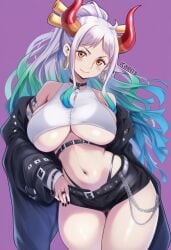1girls ai_assisted ai_generated black_nails chains earrings goth goth_girl green_hair horn horns large_breasts long_hair looking_at_viewer one_piece patreon patreon_username thighs watermark white_hair yamato_(one_piece)