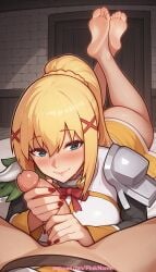 1boy 1girl 2026 ai_generated artist_name barefoot blush brick_wall cock darkness_(konosuba) dick feet hair_ornament hetero hi_res high_quality highres kono_subarashii_sekai_ni_shukufuku_wo! long_hair lying_on_stomach on_belly on_stomach patreon patreon_username penis pinkname pov prone_position smile solo_focus watermark x_hair_ornament