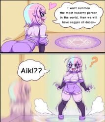 ? bent_over comic_page demon_girl english_text failed_attempt fully_clothed funny heart_around_head joke kneehighs large_breasts multicolored_hair pointy_ears purple_skin short_hair shorts simple_background speech_bubble summoning summoning_circle teleportation text thick_thighs