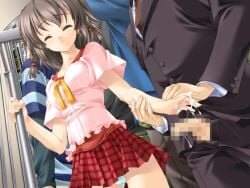 after_handjob ashishun braid censored closed_eyes collarbone cum game_asset handjob hetero low_twin_braids mosaic_censoring nakane_miho non-web_source panties shirt skirt standing train_interior twin_braids underwear yogosareta_natsu