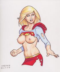 1girls 2008 big_breasts blonde_hair blue_eyes breasts dc female female_only joseph_michael_linsner large_breasts nipples solo supergirl tagme torn_clothes