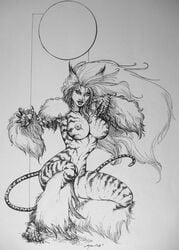 1girls 2003 avengers breasts female female_only joyce_chin marvel monochrome navel nipples solo straight_hair tagme tigra