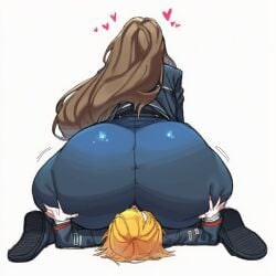 ai_generated don_quixote_(limbus_company) facesitting hand_on_ass hands_sinking_into_ass limbus_company rodion_(limbus_company) sitting_on_person suit suit_jacket yellow_hair
