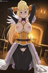 1girl ai_generated armor arms_up blonde_hair blue_eyes blush bodysuit breasts breasts_out darkness_(konosuba) digitalwaifugallery hair_between_eyes hair_ornament hi_res high_quality high_resolution indoors kneeling kono_subarashii_sekai_ni_shukufuku_wo! large_breasts long_hair looking_at_viewer nipples patreon patreon_username ponytail pussy seductive sexy solo torn_clothes uncensored watermark x_hair_ornament