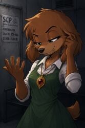 ai_generated brown_body brown_fur canine dog_ears dog_girl furry_female green_dress green_eyes scp-963 scp_foundation