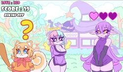 ? angel_wings baseball_bat butterscotch_(peargor) furry halo horny_bat large_breasts long_hair multicolored_hair no_horny pointy_ears purple_skin shirt_down short_hair shortstack thick_thighs