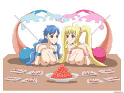 2girls ahoge bisected blonde_hair blue_eyes blue_hair breasts cannibalism commentary corpse death egg empty_eyes english_commentary guro highres houshou_hanon houshou_hanon_(mermaid) impaled long_hair lying medium_breasts merfolk mermaid mermaid_melody_pichi_pichi_pitch monster_girl multiple_girls nanami_lucia nanami_lucia_(mermaid) nipples oekaki on_stomach out_of_frame skewer topless_female twintails veiled616